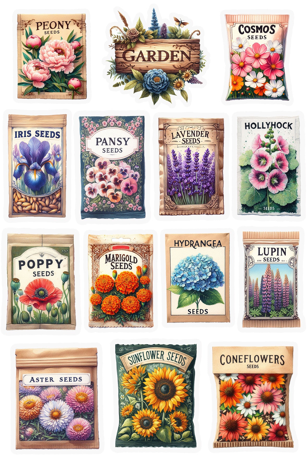 Garden Flowers Seeds Packets Sticker Sheet