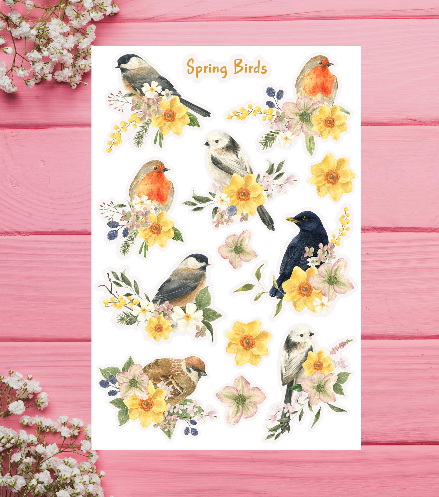 Garden Birds in Spring Flowers Sticker Sheet