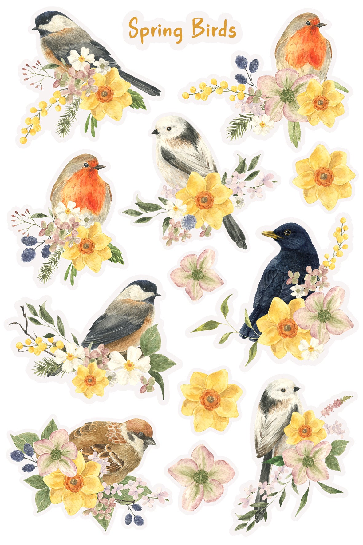 Garden Birds in Spring Flowers Sticker Sheet